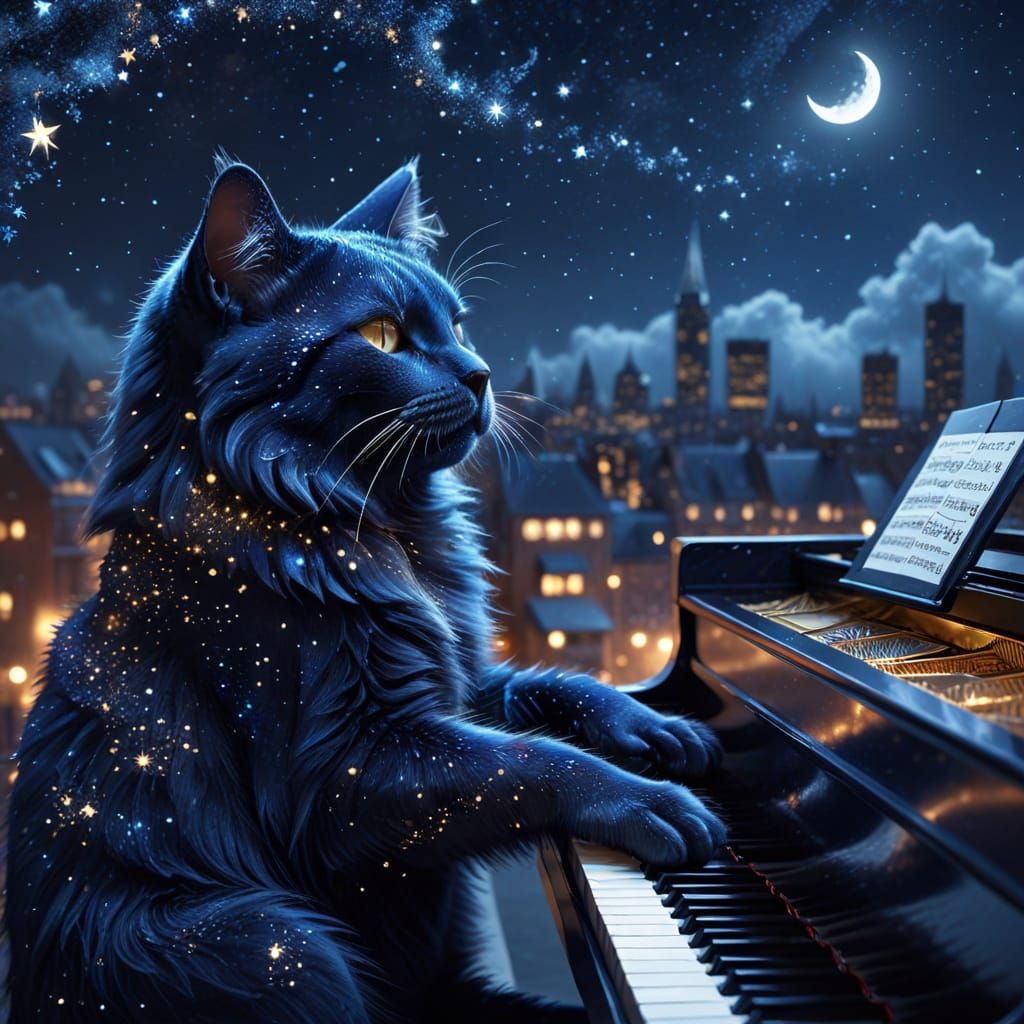 Starry Cat Plays Piano Over City