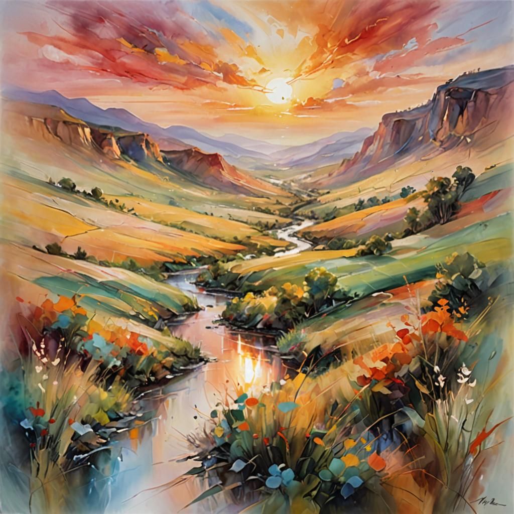 Ethereal Sunset at Mythical Valley, Abstract Style