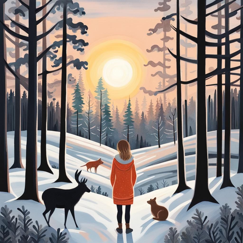Scandinavian Girl in Snowy Forest Gouache Painting