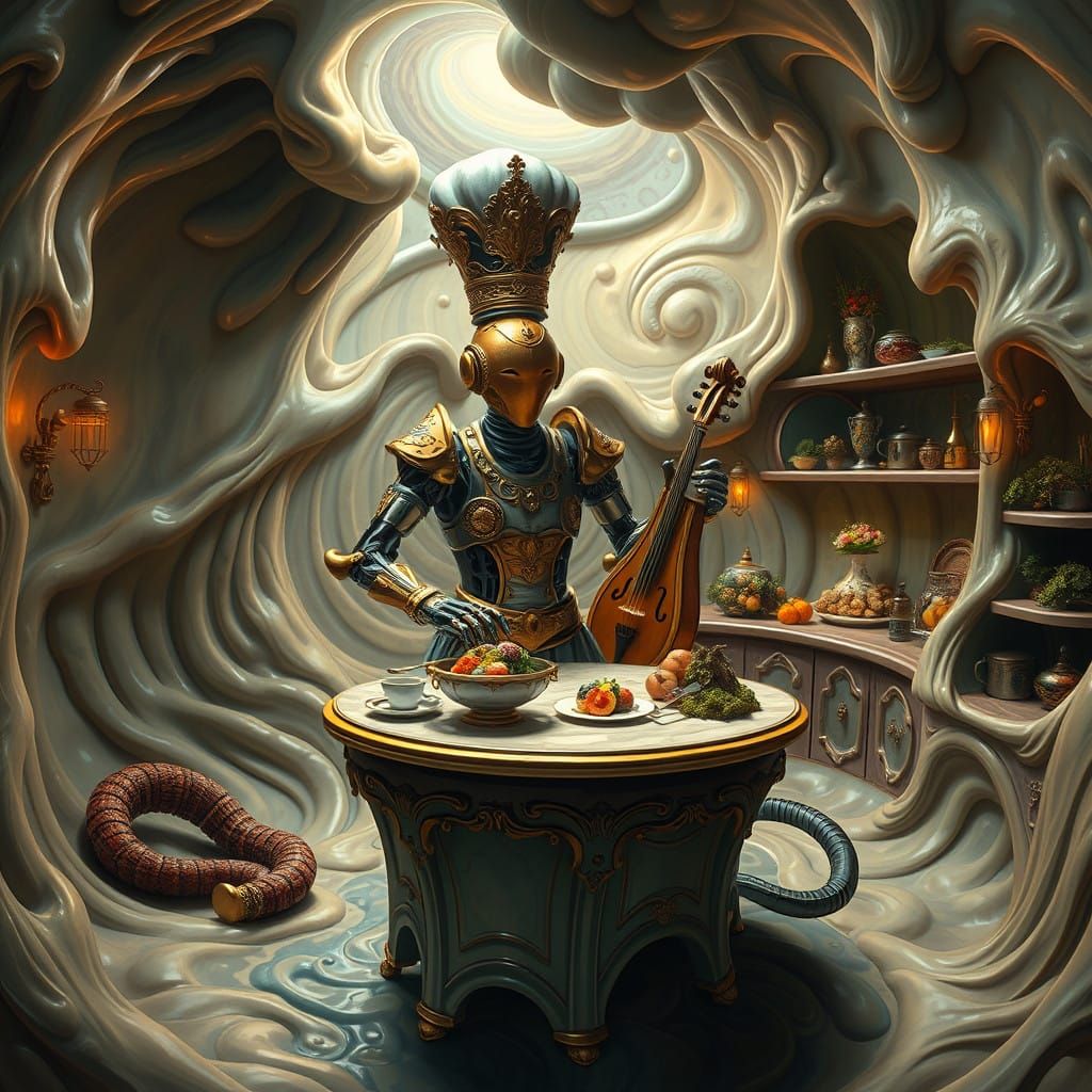 Surreal Baroque Robot Chef in Whirling Kitchen Wonderland