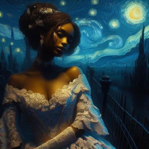 Beautiful African Woman in Van Gogh Starry Night Style