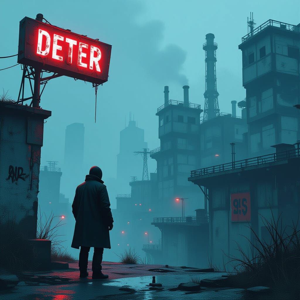 Lone Figure in Decaying Metropolis Under Flickering Neon Glo...