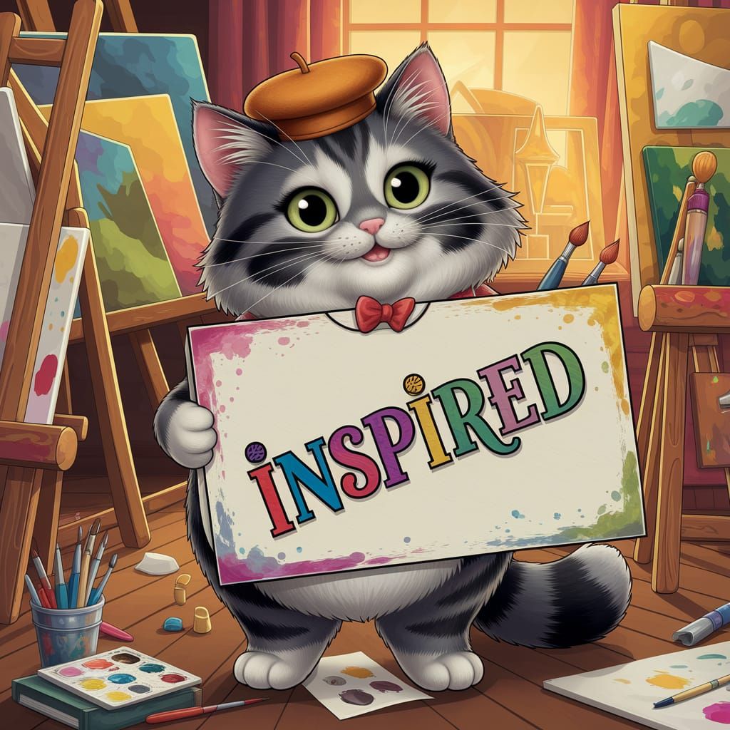 A chubby, smiling cartoon Russian Gray cat with bright green eyes and a fluffy coat, dressed in a tiny artist's beret an...