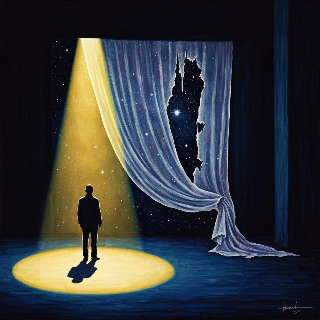 Figure on Stage Reveals Cosmic Galaxy Beyond Tattered Curtai...