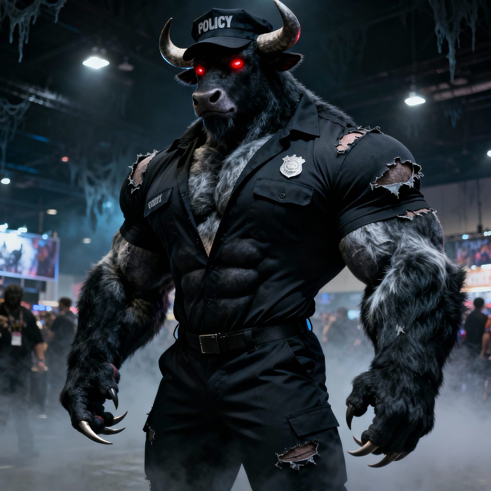 Muscular Bull Fursuit Bodybuilder in Spooky Convention Cente...