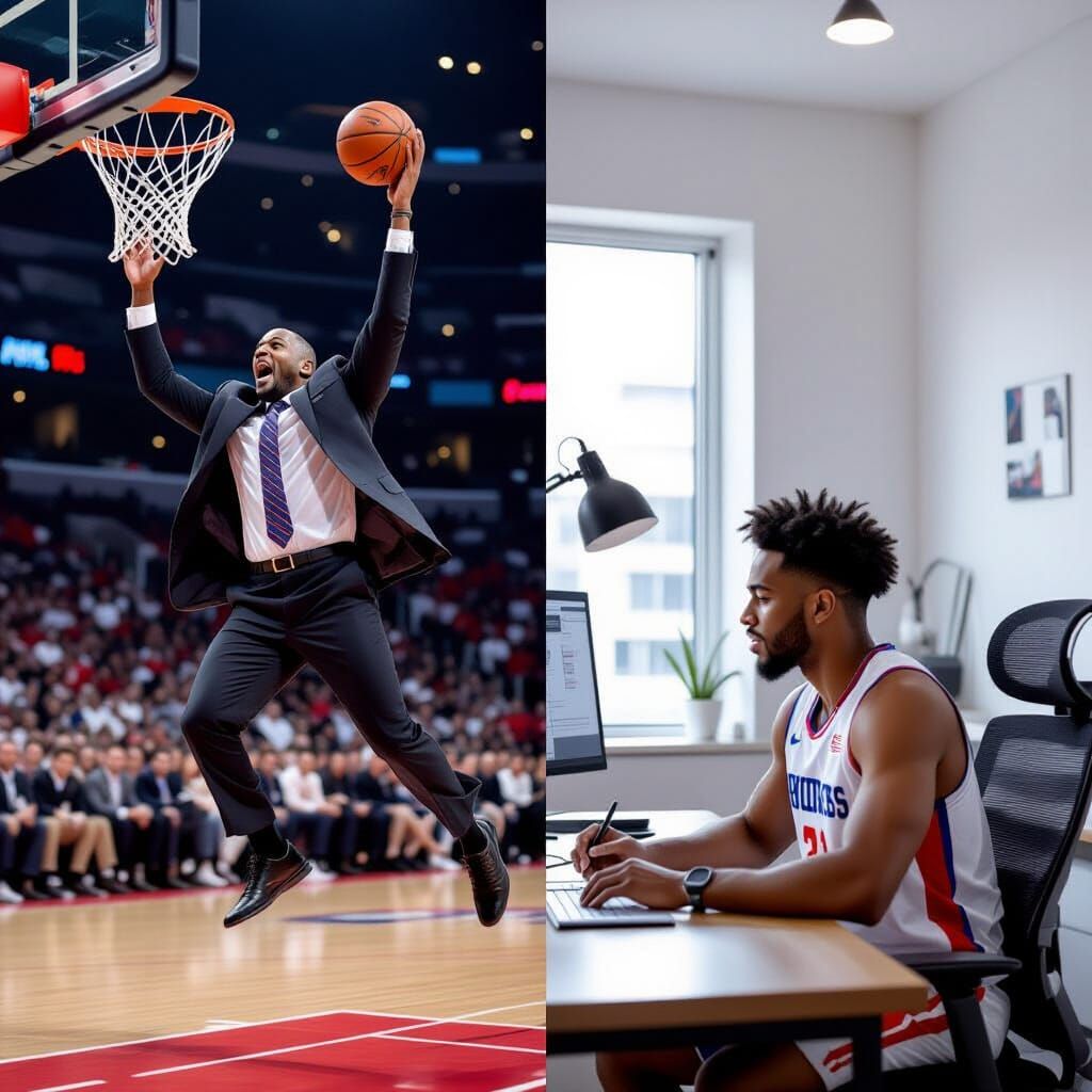 Man in Suit Dunks Like Jordan, Player Works at Desk
