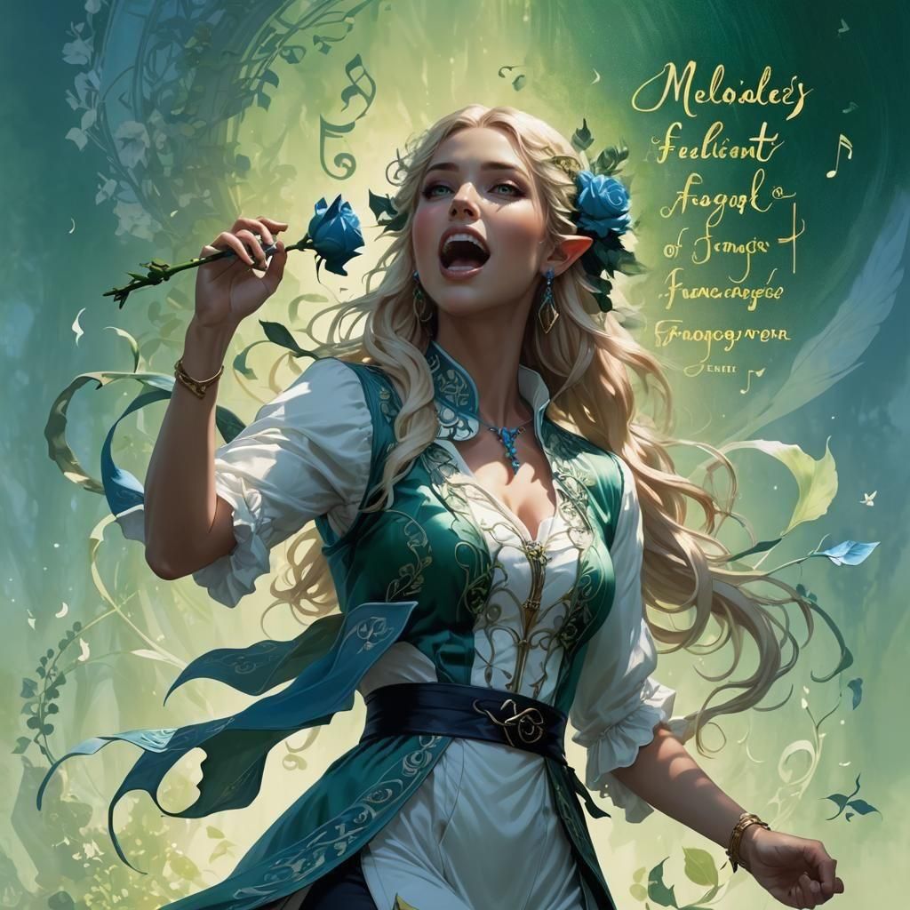 green silhouette musical-notes fantasy song album cover of blonde elf girl screaming holding a blue rose vine. title cap...