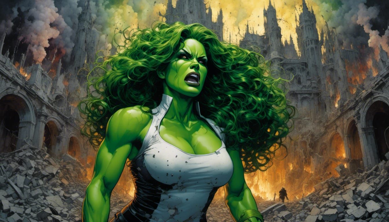 She-Hulk Crashes Castle Doom: Alcohol Ink Watercolor Portrai...