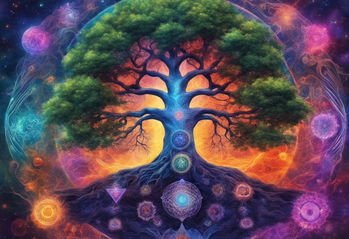 Vivid Chakra Tree: Holographic Cosmic Illustration