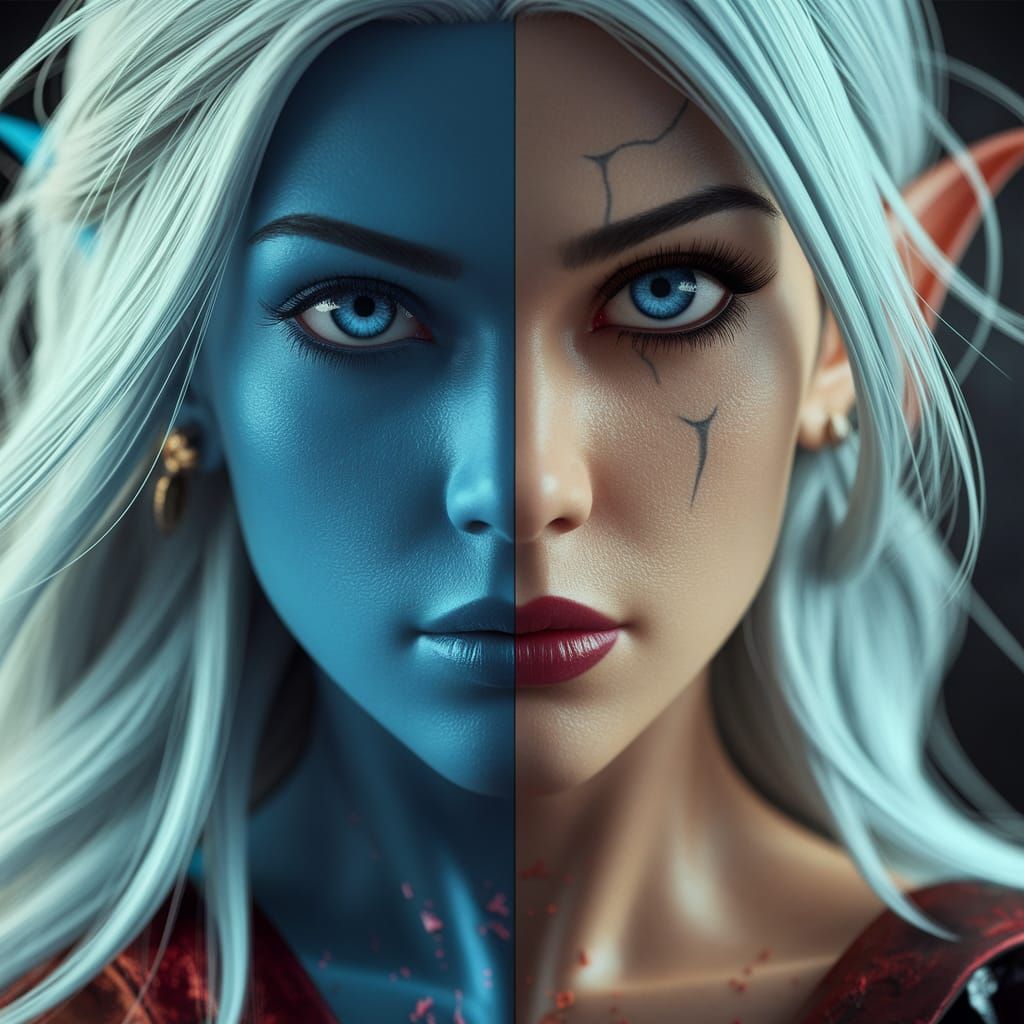 Elven Woman in Duality, Hyperrealistic Digital Art