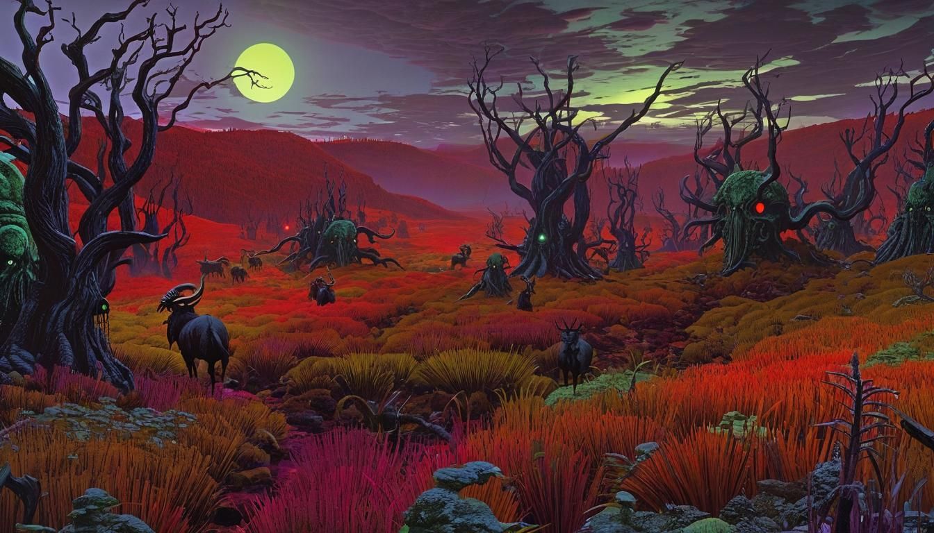 Lovecraftian Horror Landscape in Mixed Media