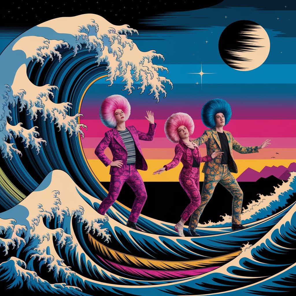 1980s Neon Dancers on Ocean Wave Surrealism