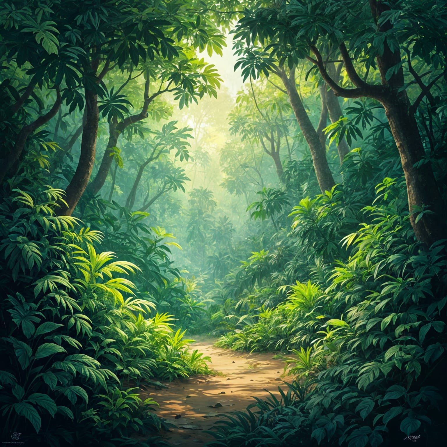 Lush Tropical Forest in Painterly Style