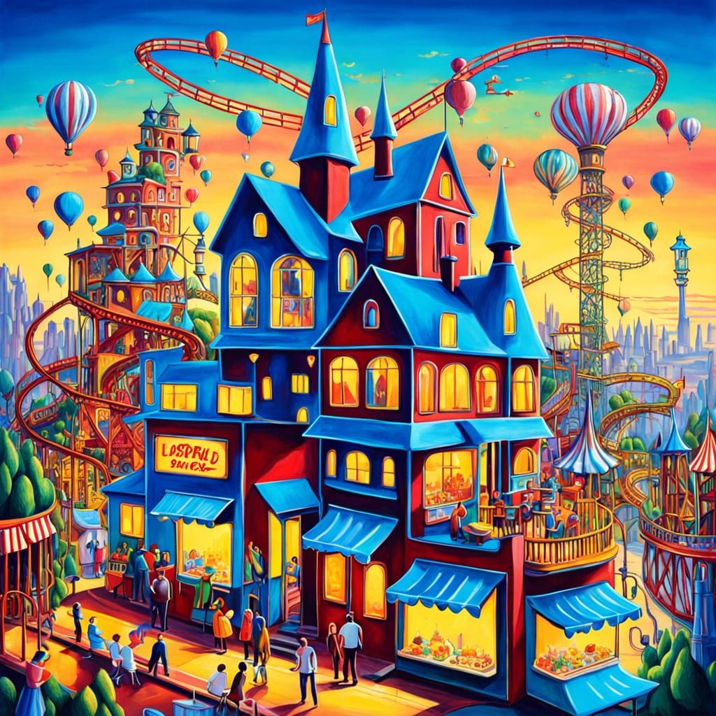 House with Rooftop Amusement Park in Surreal Style