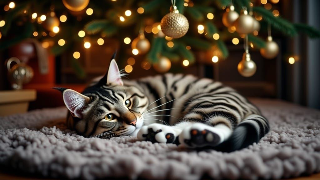 Tabby Cat Snoozes Under Christmas Tree in Cinematic Hyperrea...