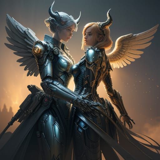 Epic Female Angel and Devil in Sci-Fi Landscape