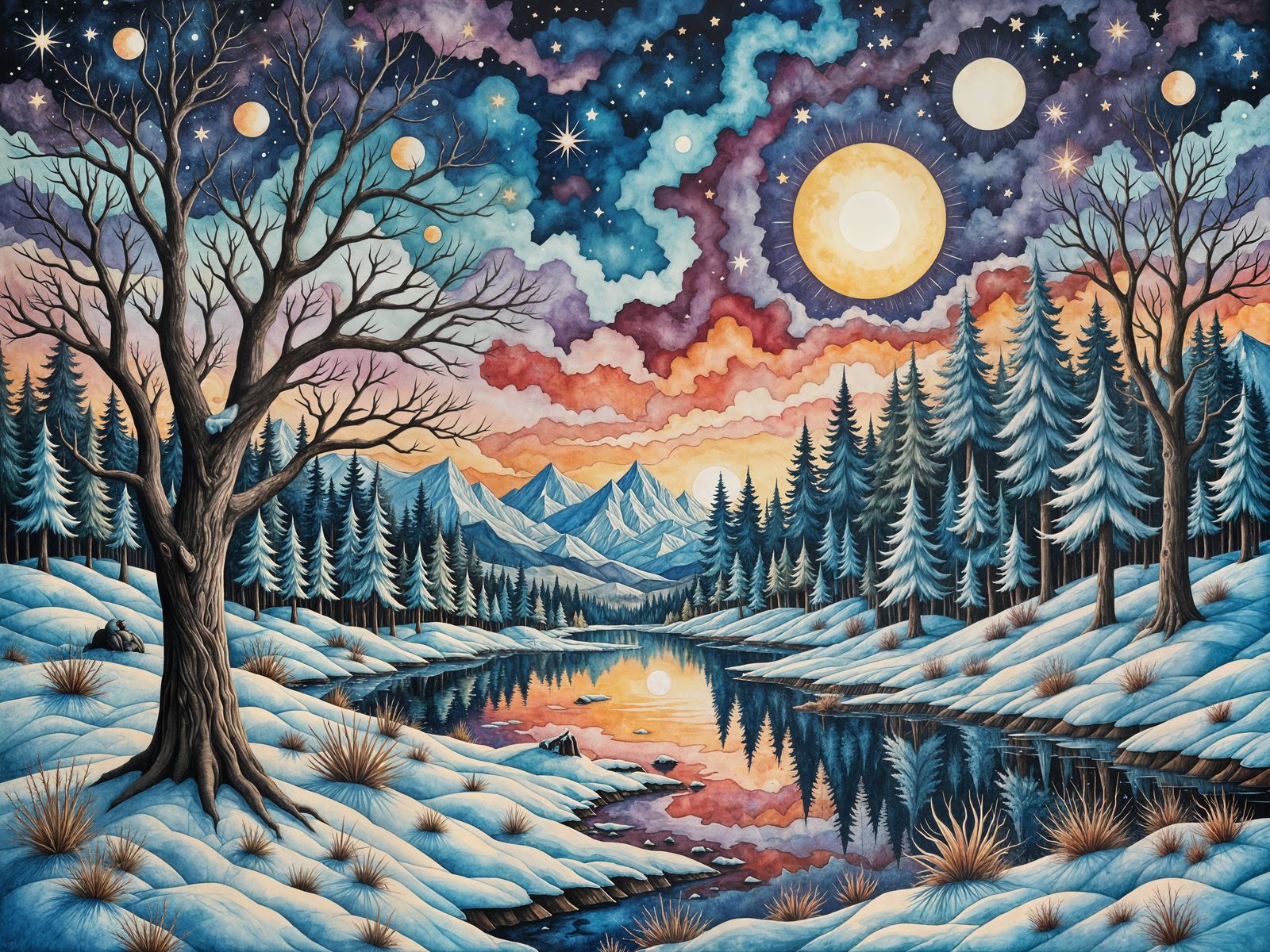Vibrant Winter Landscapes with Intricate Details in Watercol...