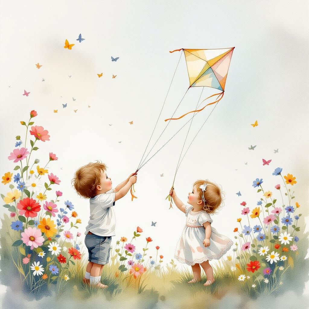 Ethereal Fantasy Watercolour of Siblings Flying Kites