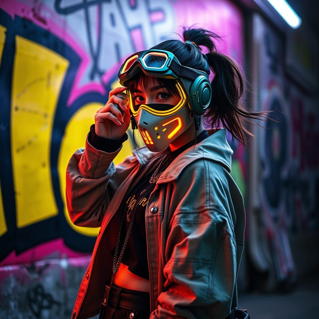 Dynamic Portrait of Female Street Artist in Urban Style