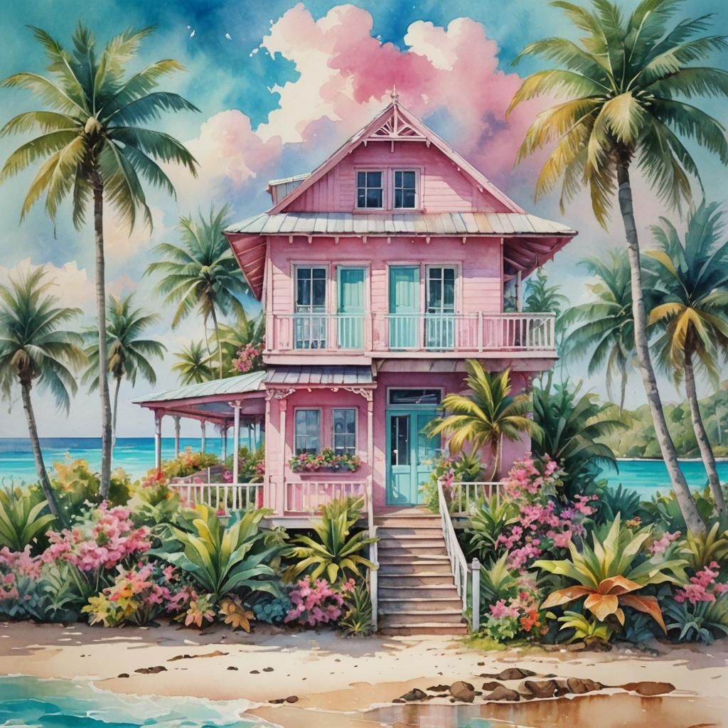 Watercolor Pink Beach House in Tropical Landscape