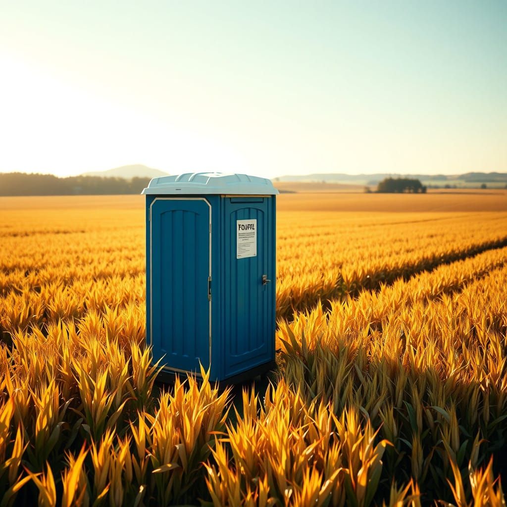Surreal Porta-Potty Amidst Sun-Kissed Cornfields
