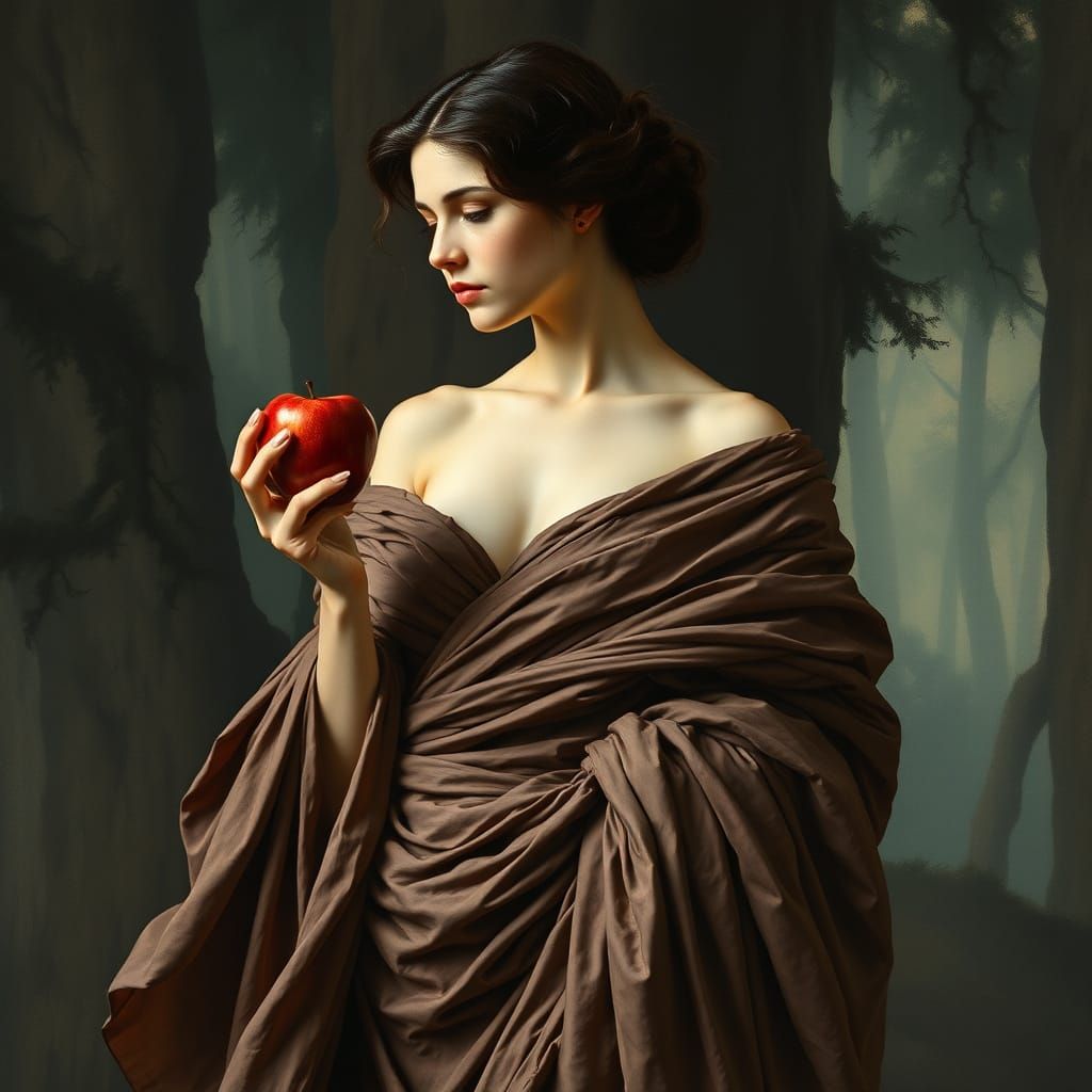 Elegant Woman Holding a Vibrant Red Apple in a Mystical Land...