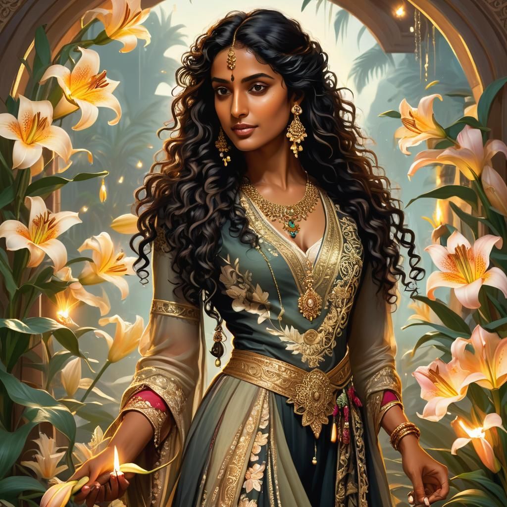 Indian Botanist Picking Lily: Pre-Raphaelite Art