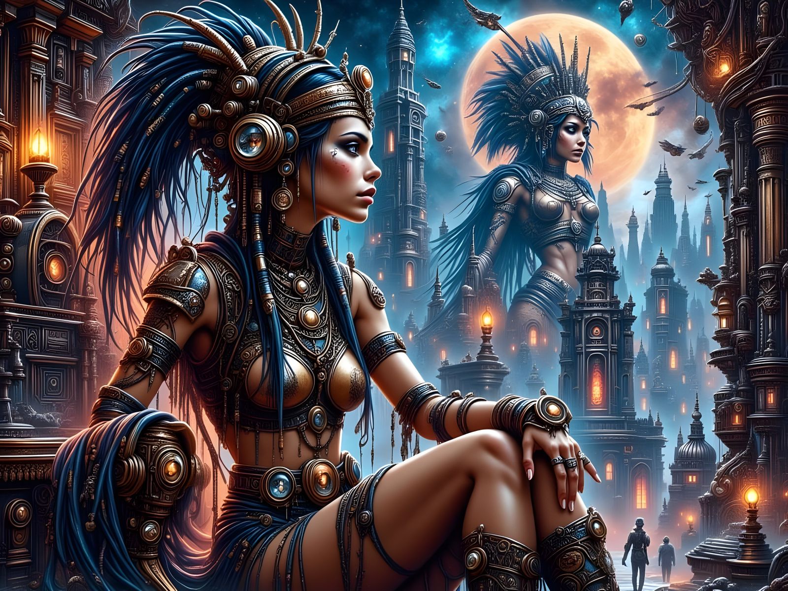 Cyberpunk Cleopatra Surveys Doomed Metropolis in Anime Style