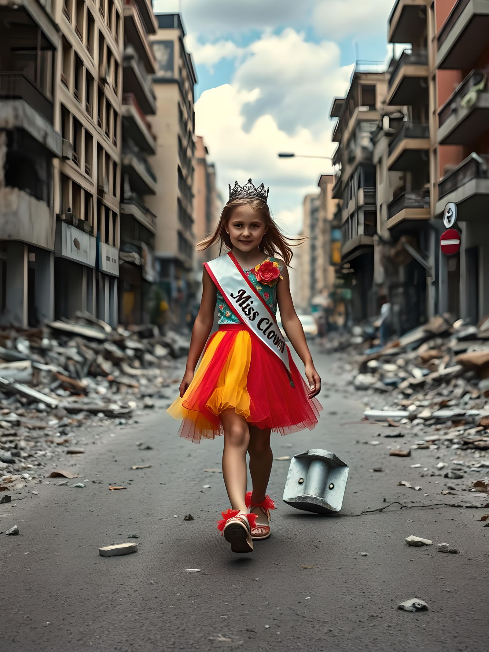 Miss Clown Parades Through Bombed City