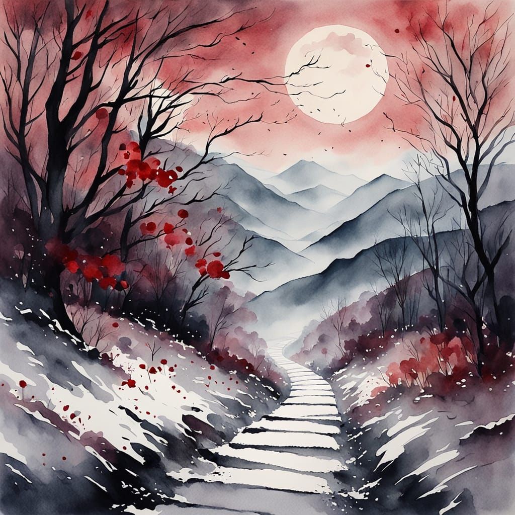 Majestic Snowy Mountain Path Under Red Moon