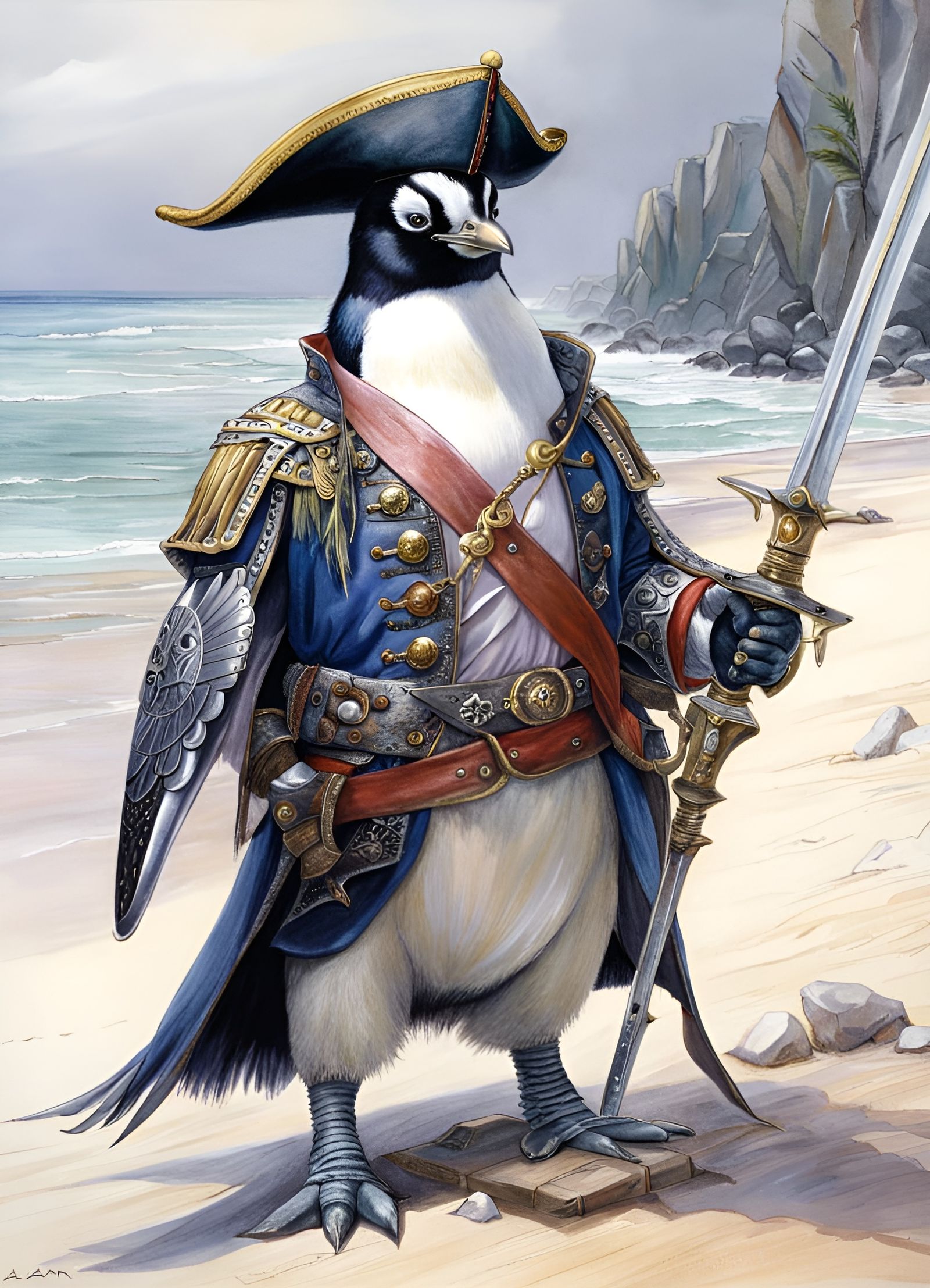 Penguin Pirate on the Beach: Fantasy Art