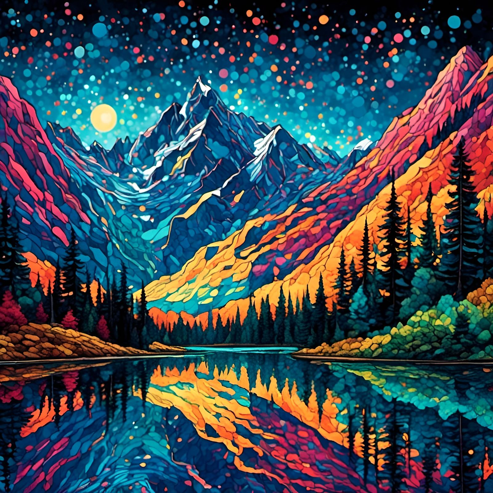 Sparkling Mountain Forest Landscape in Vivid Colors