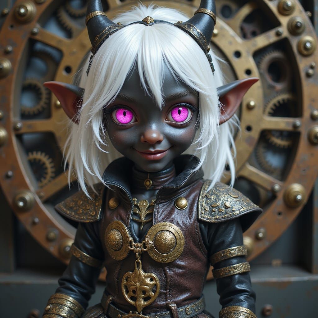 Steampunk Drow Elf with Pink Eyes and White Hair