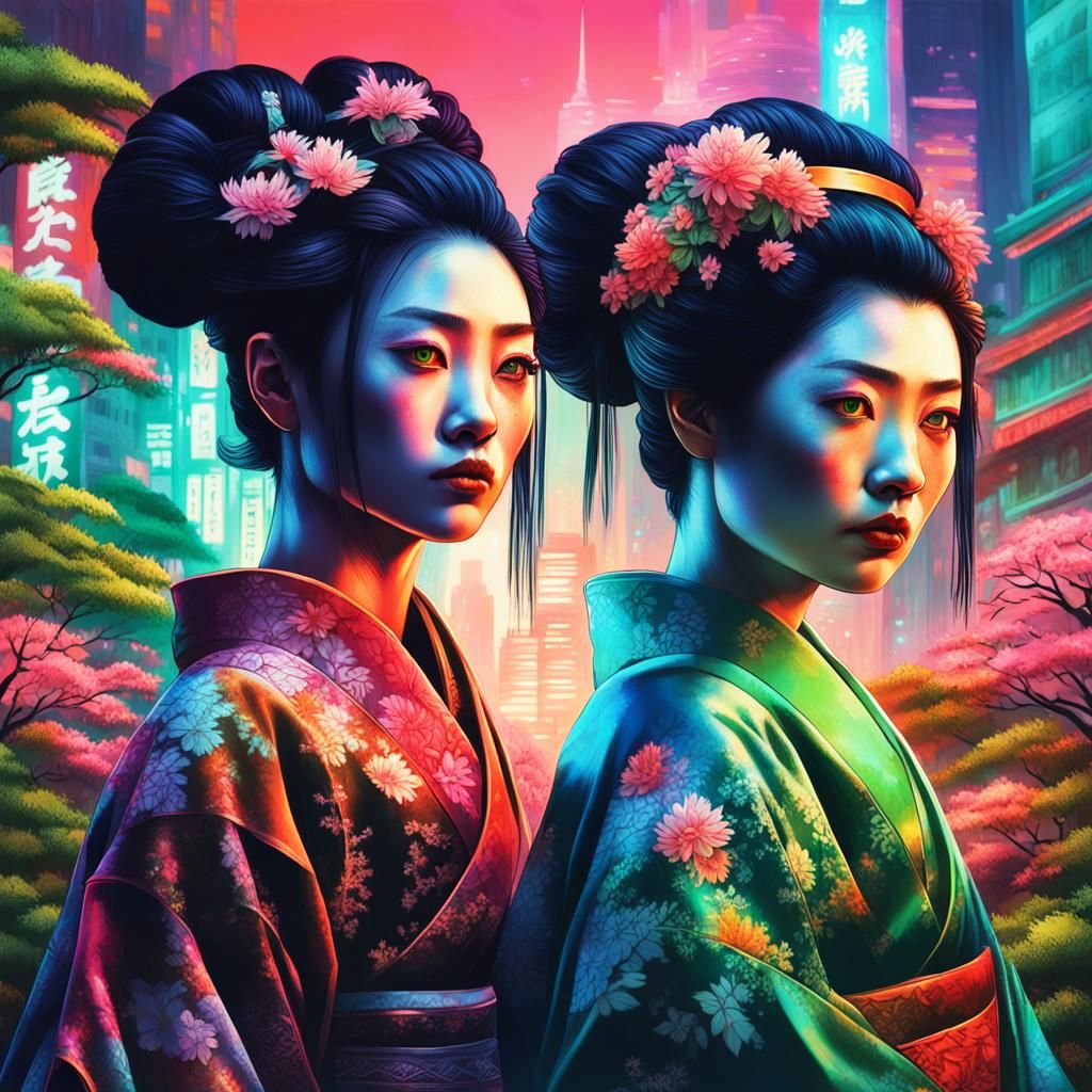 Geishas in Neon Cityscape: Hyperrealistic Concept Art