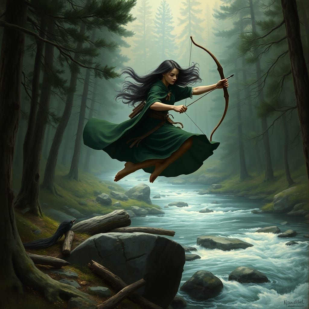 Ethereal Hunter Leaps River in Pine Forest, Pre-Raphaelite S...