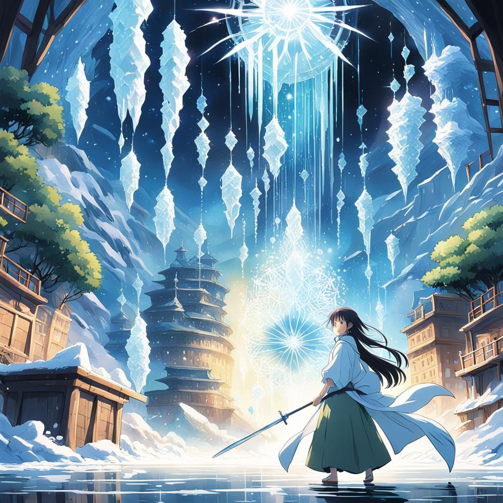 Anime Woman Casting Ice Magic in Studio Ghibli Style