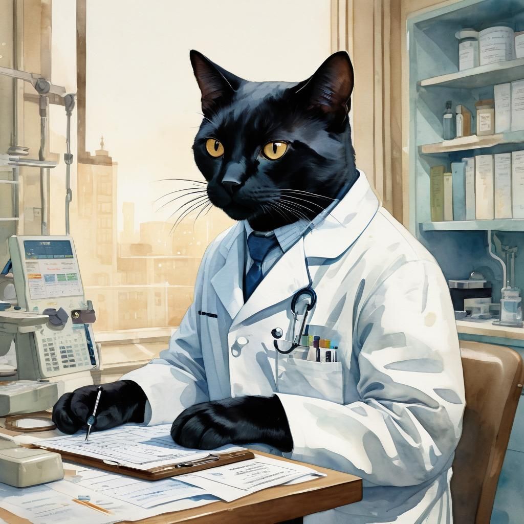 Black Cat Doctor in Hospital: Whimsical Watercolor Art