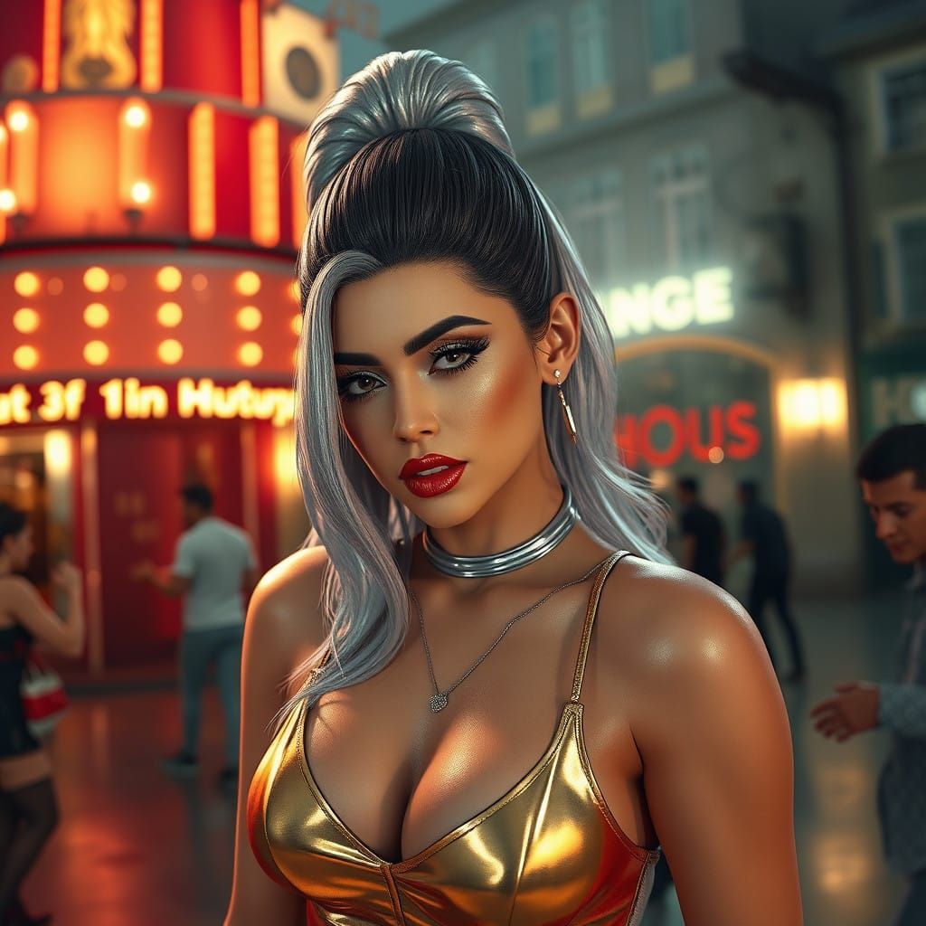 Moulin Rouge, Kylie Jenner, silver shiny Pantyhose, silver eyeshadow, red lipstick, long eyelashes, high heels, short go...