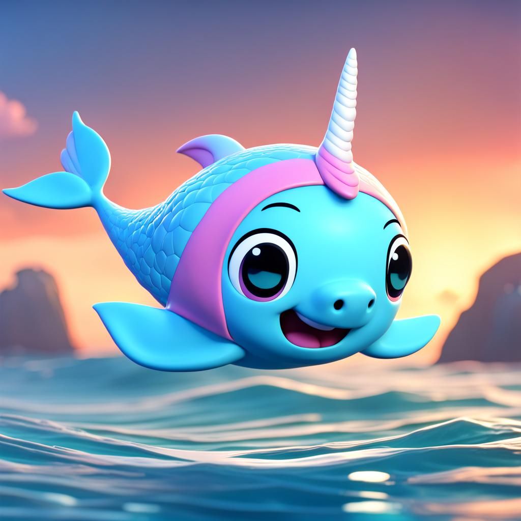 Happy Narwhal Chibi in Ocean, 3D Digital Art