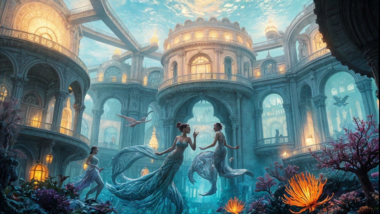 Vibrant Underwater City with Merfolk, Fantasy Art