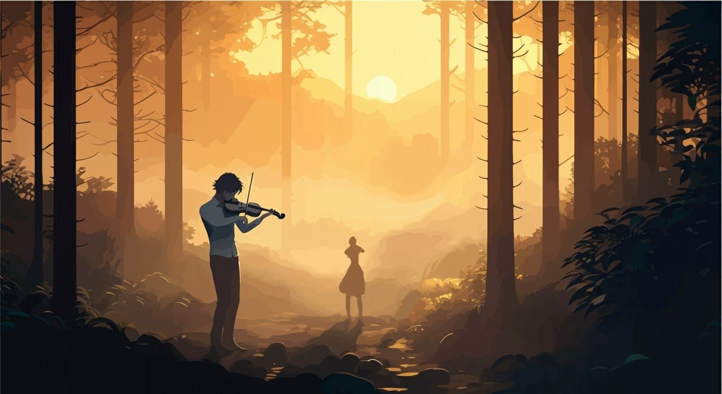 Violinist in Misty Forest: Golden Hour Performance
