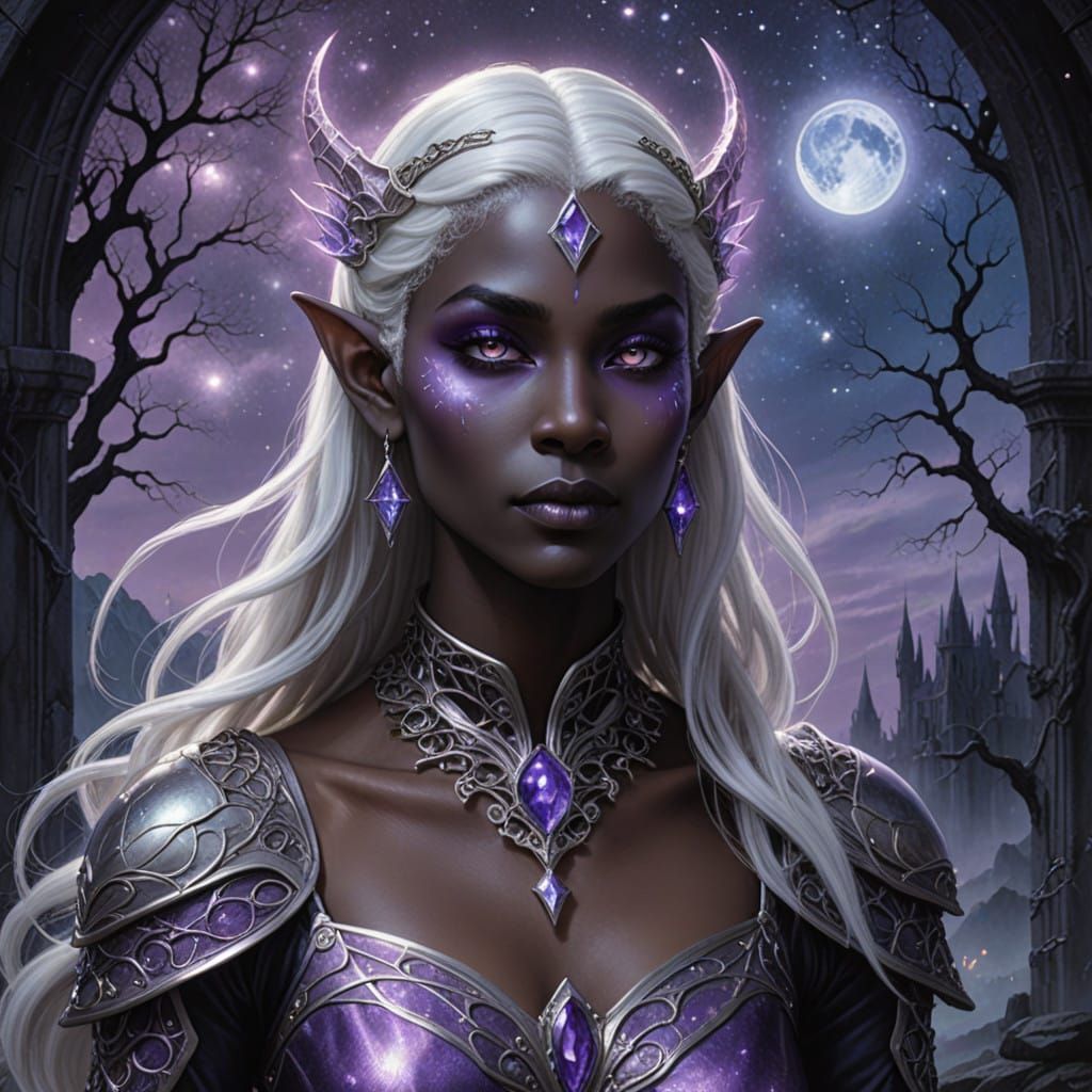 Ethereal Drow Goddess under Celestial Skies
