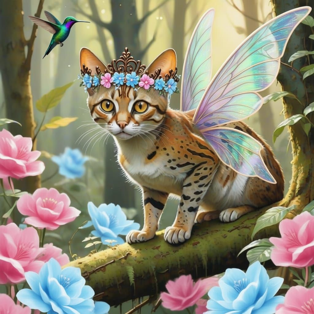 Cat with Fairy Wings and Flower Tiara in Floral Background