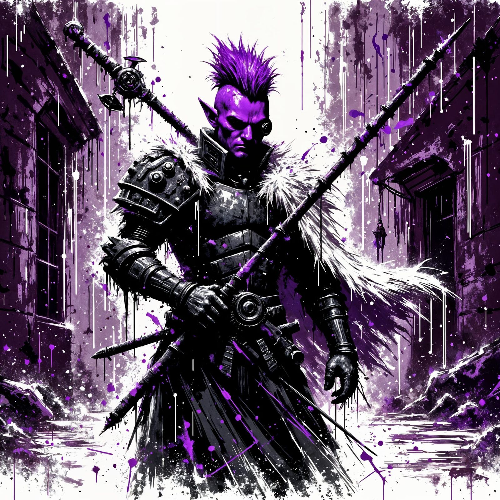 Steampunk Tiefling Warrior in Inkblot Noir Style