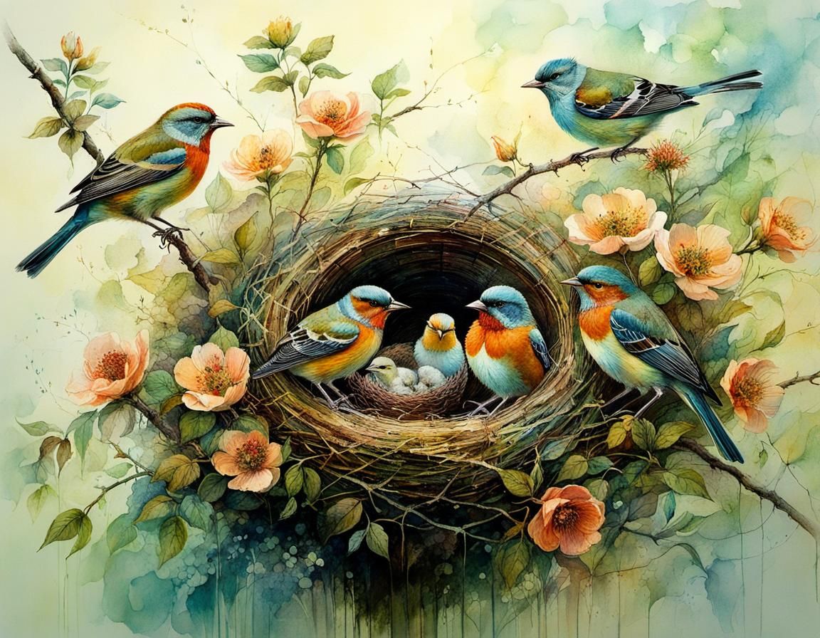 Birds in a Lush Garden, Tenderly Fed by their Parents