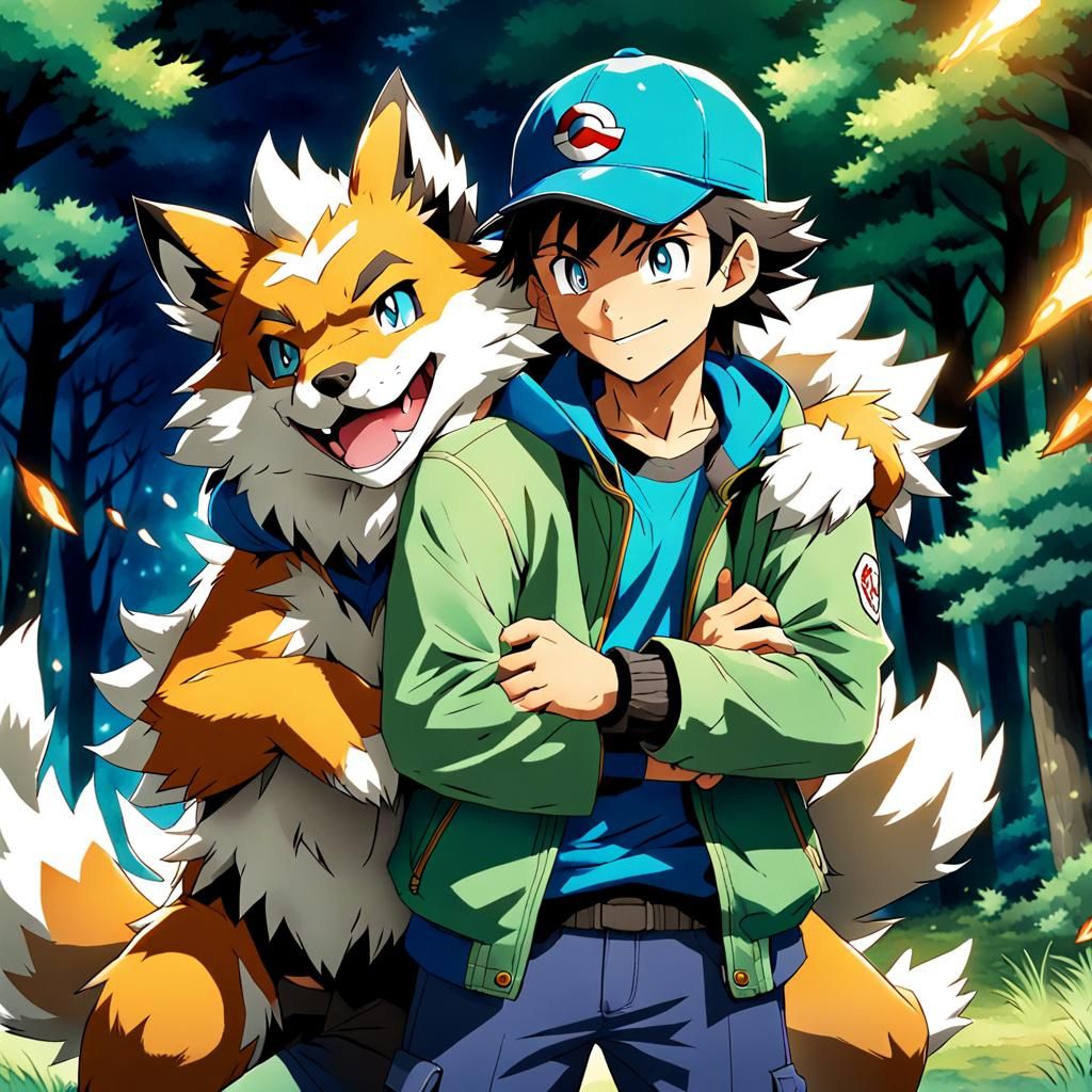 Anime Style Pokémon Trainer Hugging Arcanine