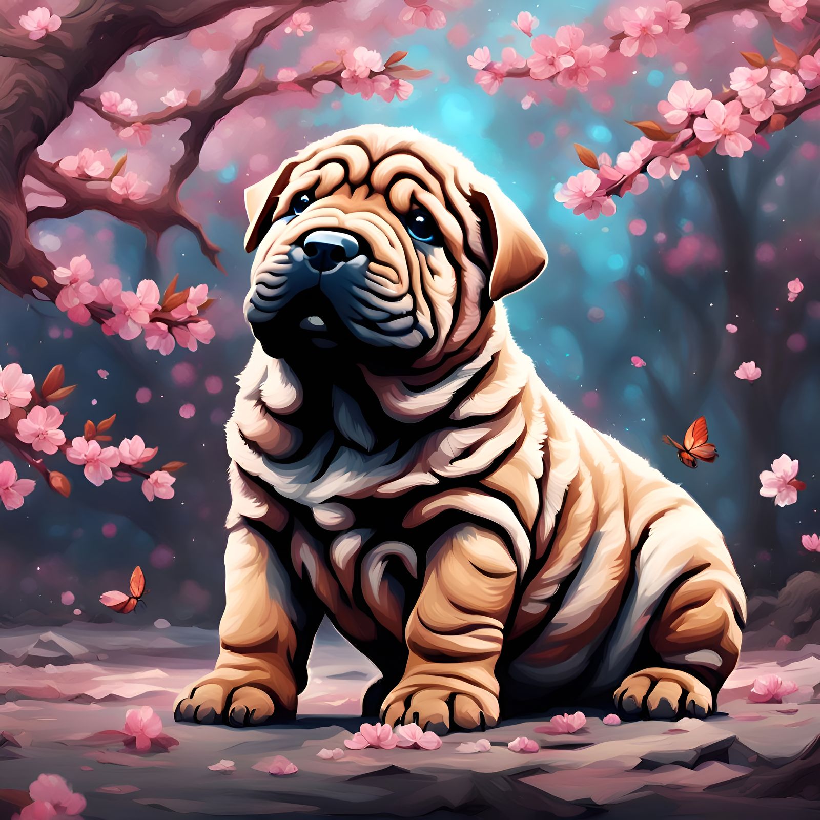 Shar-Pei Puppy in Cherry Blossom Impasto Painting