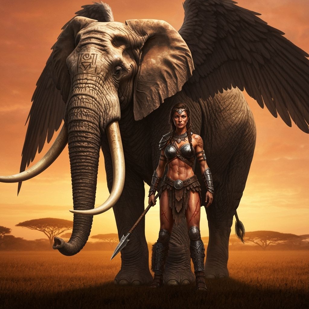 Amazon Warrior and Winged Elephant at Dawn Savannah