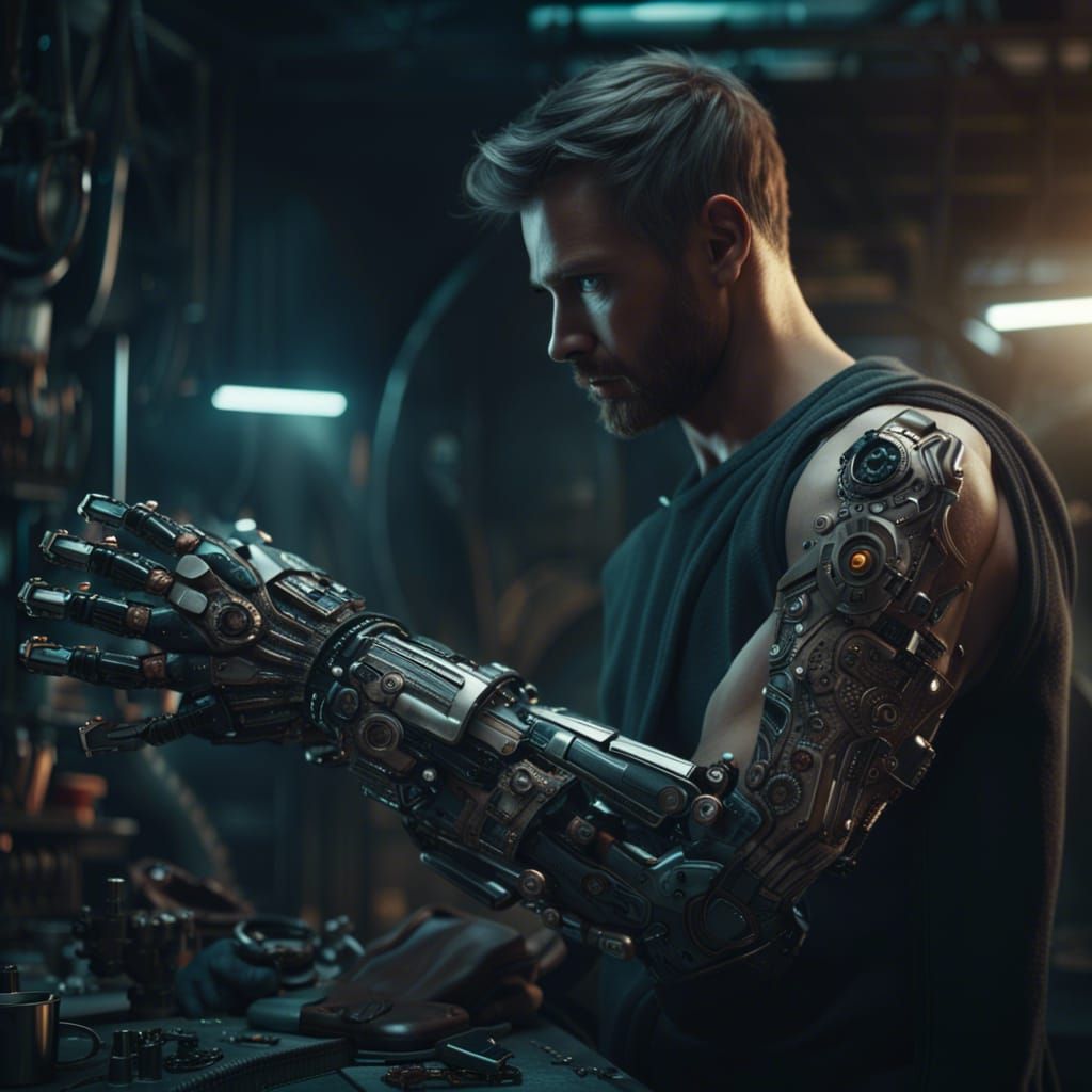 Mechanic with a Cyborg Arm in Digital Painting Style