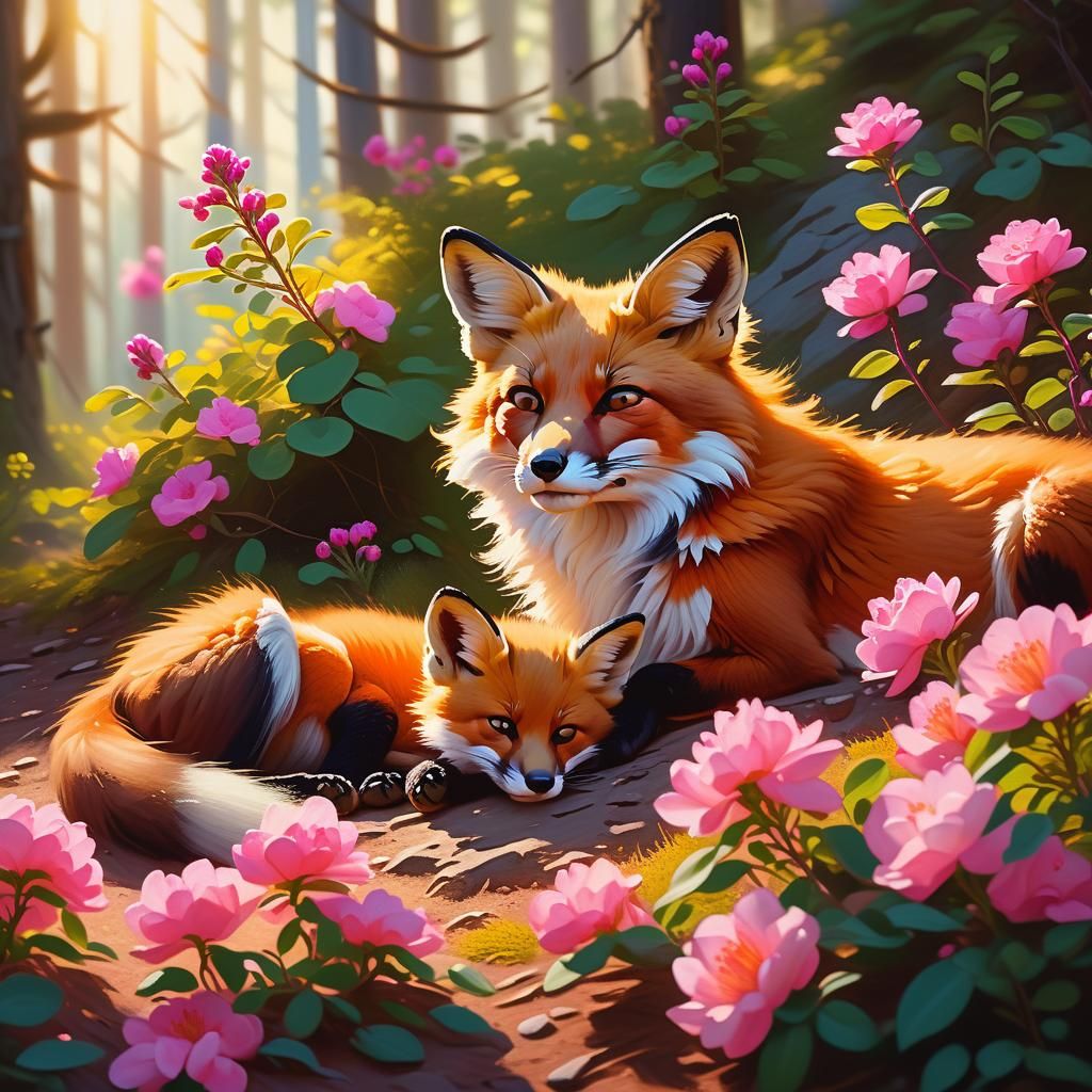 Fox Family in Sun-Drenched Forest, Oil Painting